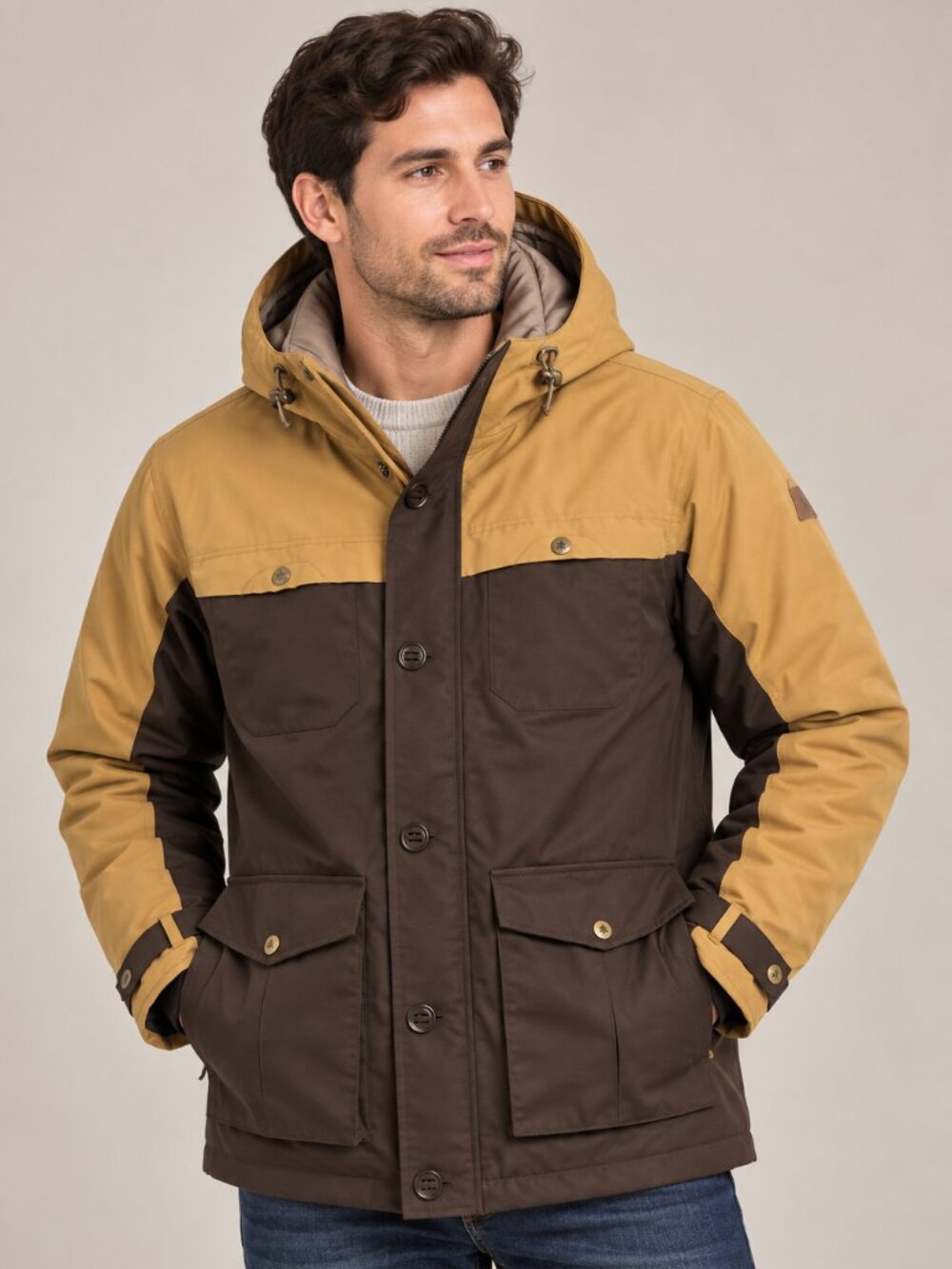 WOODS Men's Winter Parka Mustard Brown Two Tone Hooded Size M